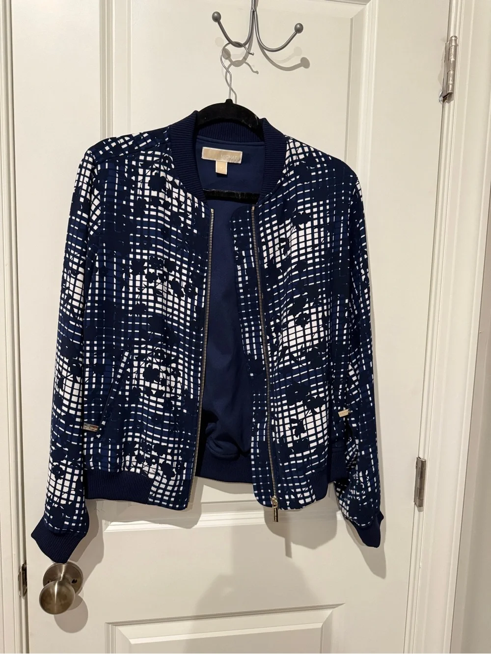 Michael Kors Navy and White Grid-Print Bomber Jacket